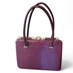 Orli Collection Burgundy Croc Embossed Patent Frame Bag Jeweled Clasp Mobwife